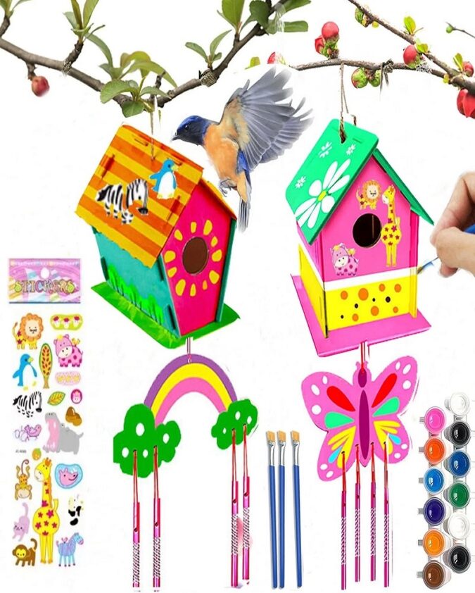 Kids’ Wooden Birdhouse Craft Kit – STEM Art Project with Wind Chime Fun, Outdoor Garden Decor for Ages 4-12 (2-Pack)